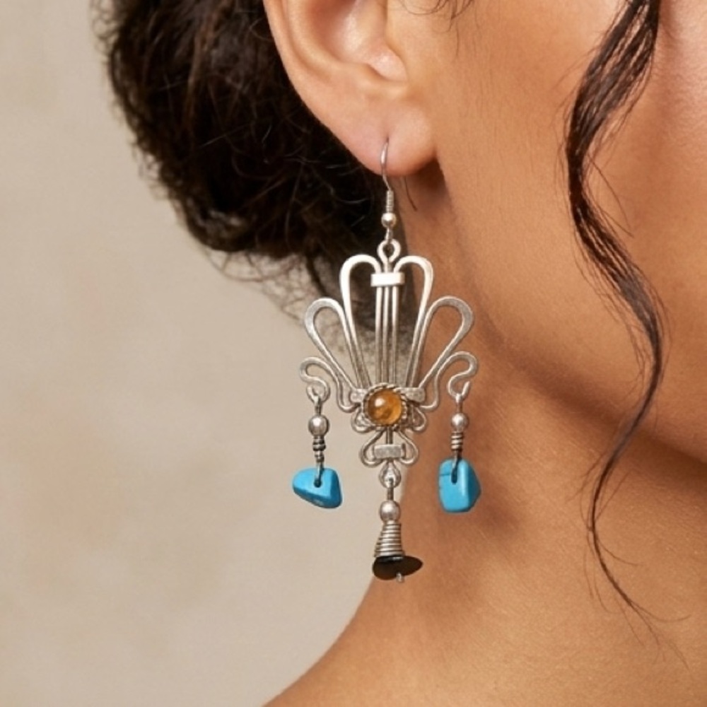 Silver/Silvertone Dangle Earrings With Turquoise … - image 1